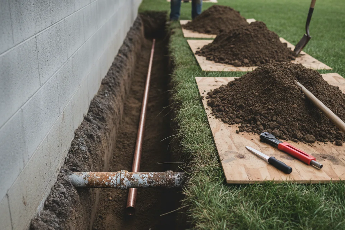 Excavated water line trench during Sewer Line Repair in Gnadenhutten